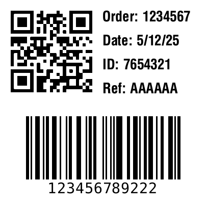 2x2 inch label, QR code, CODE 128 and 4 short lines preview